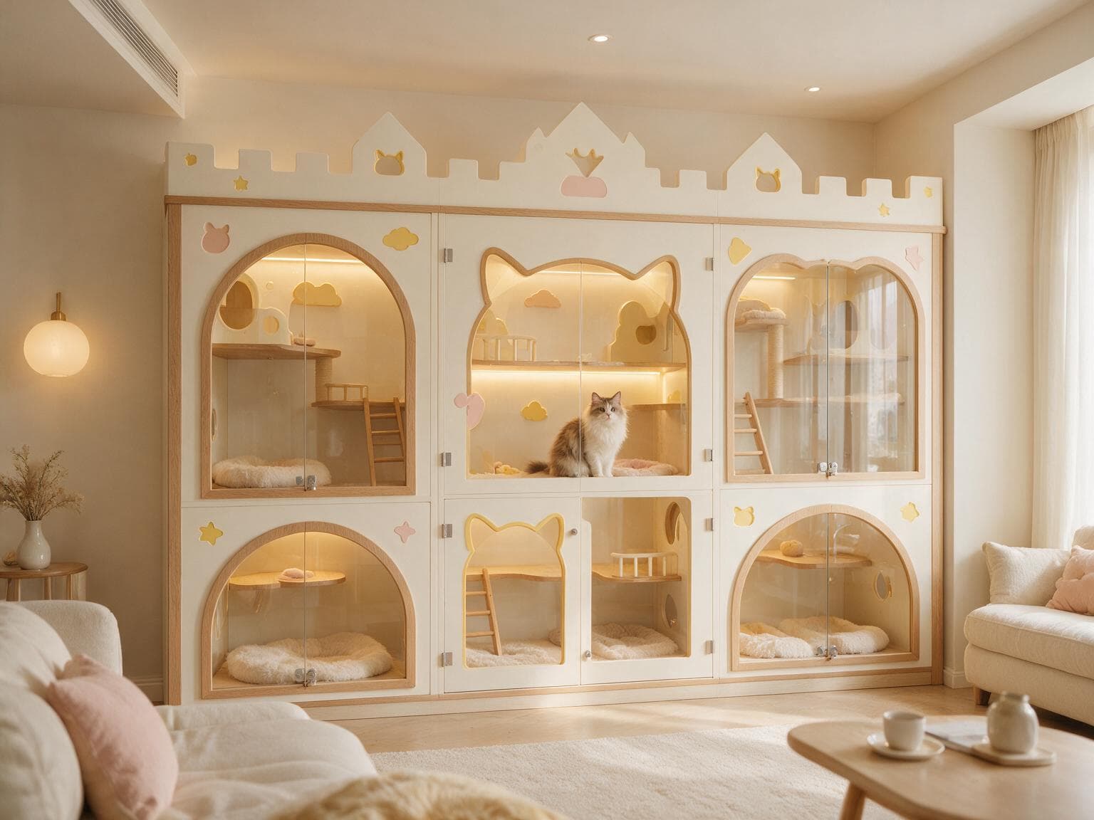A castle-style cat cabinet on a whole wall